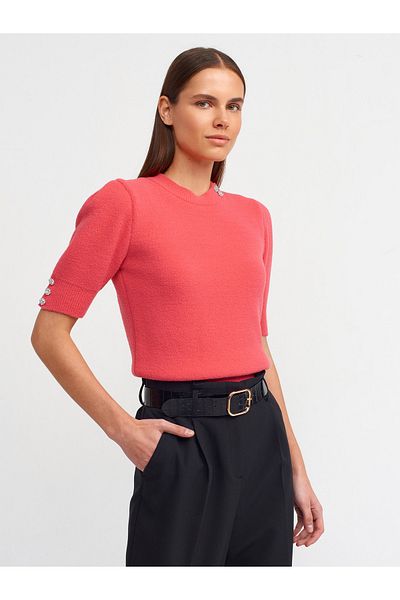Dilvin 10295 Crew Neck Short Sleeve Sweater-red
