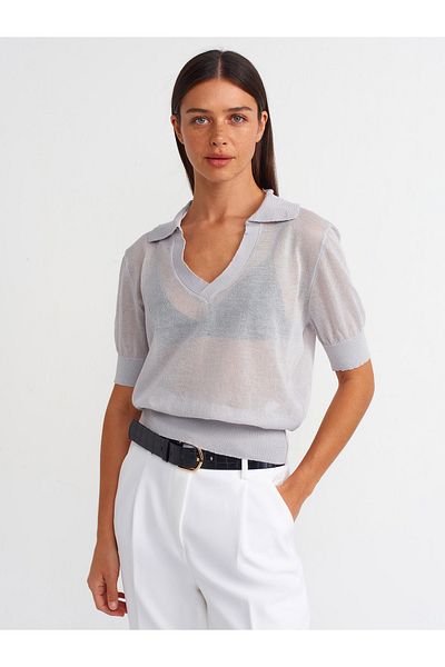 Dilvin 10570 Polo Neck Transparent Blouse-Grey