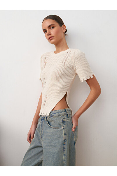 Dilvin 10555 Πλεκτό πουλόβερ με σχισμένο λαιμό ποδηλάτου-εκρού