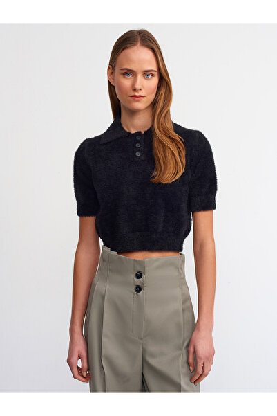 Dilvin 10475 Polo Yaka Düğmeli Yumuşak Dokulu Crop Kazak-siyah