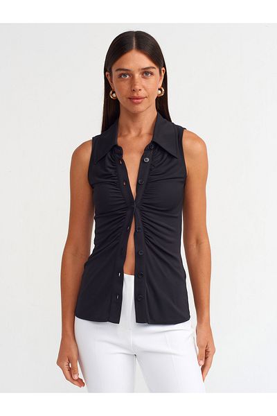 Dilvin 20865 Black Sleeveless Gathered Shirt