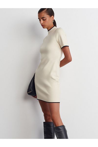 Dilvin 90228 Mini Knitwear Dress - Stand Collar, Cream Color, Size S