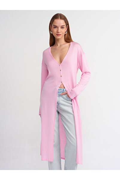 Dilvin 60230 V-Neck Thin Knitwear Cardigan-Pink