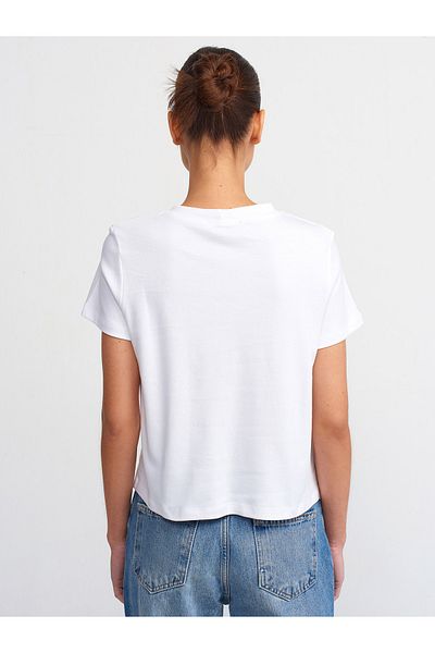 Dilvin 30584 Βαμβακερό μπλουζάκι Crew Neck-Λευκό