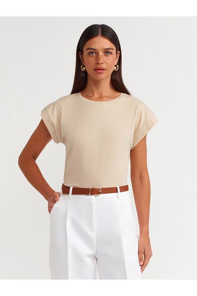Dilvin 3504 Crew Neck Combed Cotton T-Shirt-Light Beige