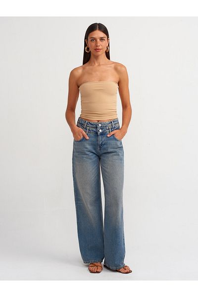 Dilvin 71490 Pantaloni largi din denim albastru - Curea dubla