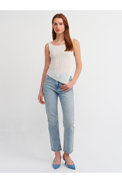 Dilvin 10560 Boat Neck Ribbed Transparent Knitwear Blouse-Ecru