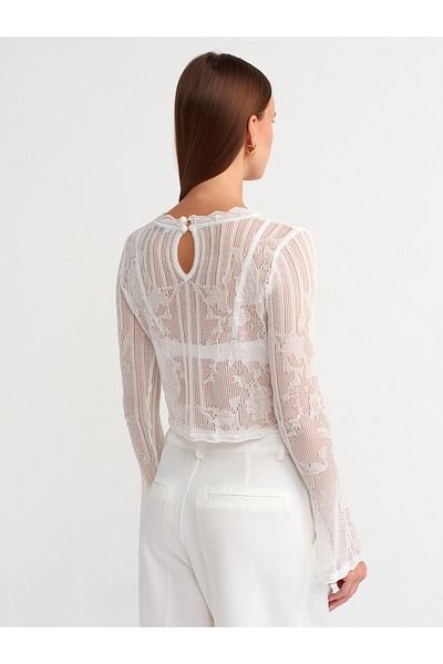 Dilvin 10545 Bluză ecru cu decolteu în formă de tricot ajurat