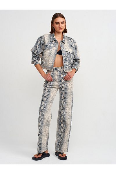 Dilvin 71692 Ecru Snake Patterned Wide Leg Jeans