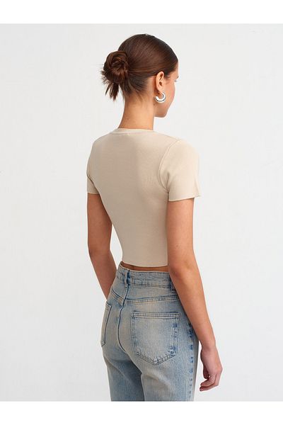 Dilvin 10357 Crew Neck Short Sleeve Crop Sweater-Stone