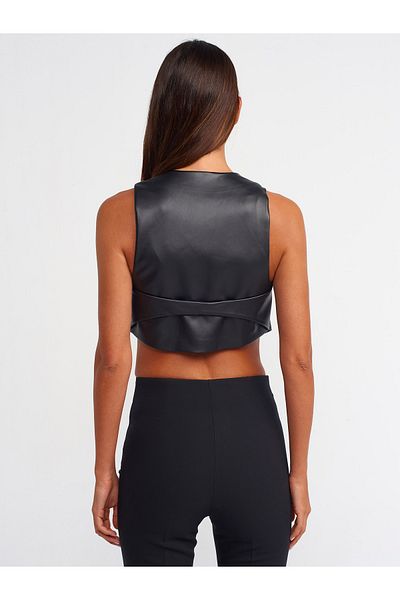 Dilvin 60529 Short Faux Leather Vest-Black