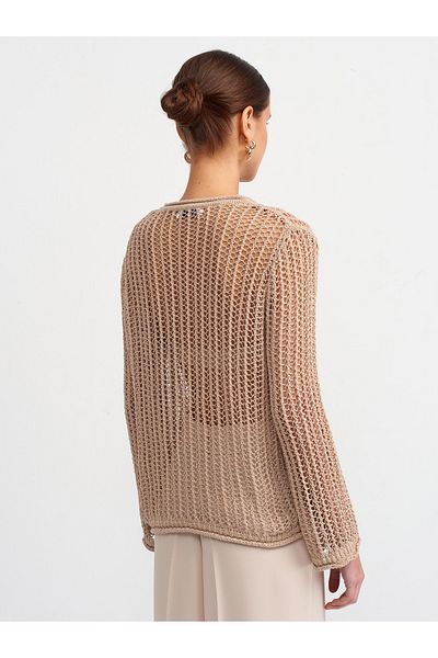 Dilvin 10537 Pulover transparent ajurat cu gât crew bej