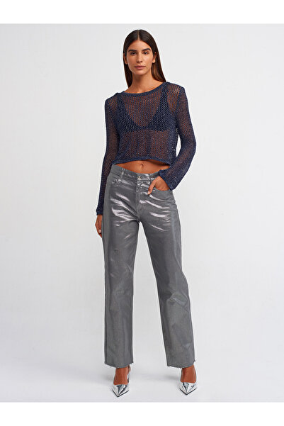 Dilvin 10350 Πουλόβερ με ανοιχτόχρωμο σχέδιο με λαιμόκοψη-σκούρο μπλε