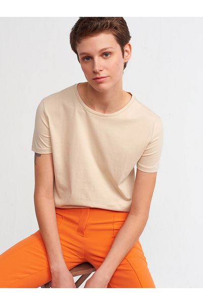 Dilvin 3471 Tricou de bază Bej Model Crew Neck