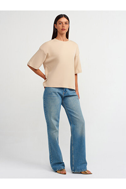 Dilvin 31067 Beige Colored Cotton T-shirt - Padded