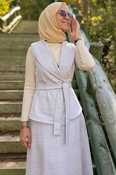 Rabia Şamlı Azize Skirt Vest Set Ecru
