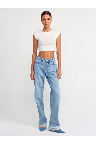 Dilvin 71428 Paça Ucu Beyazlatılmış Denim Pantolon-Mavi