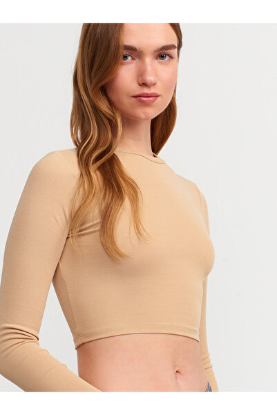 Dilvin 30349 Crew Neck Long Sleeve Top-Beige