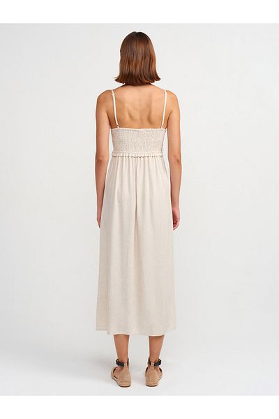 Dilvin 91233 - Natural Midi Dress with Gather Detail