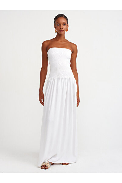 Dilvin 91204 Strapless Ecru Linen Blended Dress