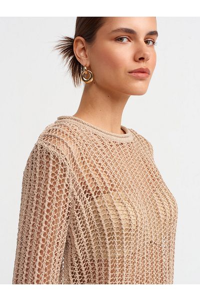 Dilvin 10537 Pulover transparent ajurat cu gât crew bej