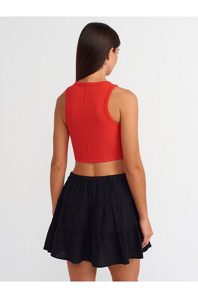 Dilvin 20820 Model Red Short Sleeve Crop Top with Stitching Effect
