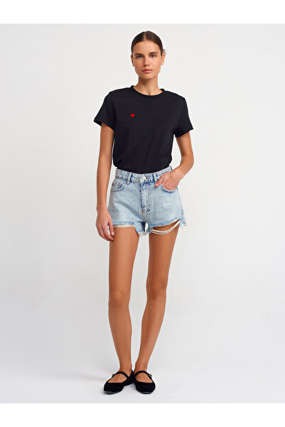 Dilvin 30584 Bisiklet Yaka Pamuklu T-shirt-Siyah