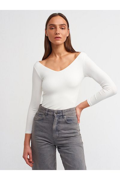 Dilvin 30228 V Neck Top-Ecru