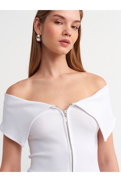 Dilvin 30748 Off Shoulder Zipper Detailed Ball-White