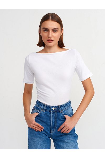 Dilvin 31164 Model White Boat Neck T-Shirt
