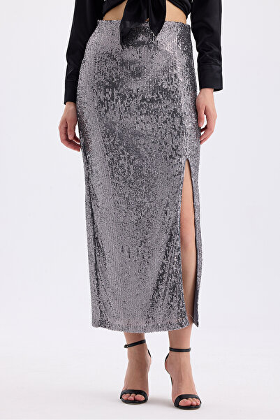 Sense Anthracite Sequined Evening Skirt - Elastic Waist and Lined Inside Etk35405