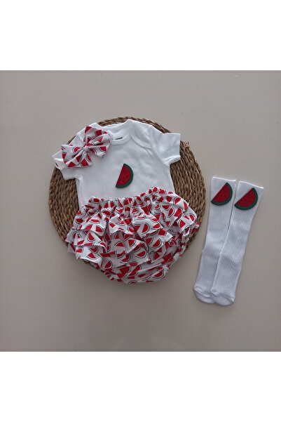MARS BABY Baby Girl Watermelon Ruffle Shorts Skirt Bodysuit Socks Set