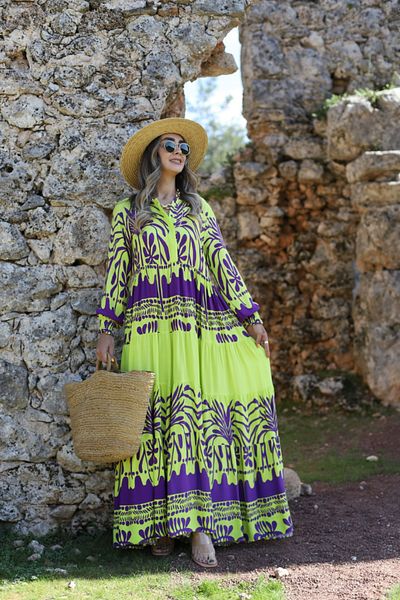 bytugcekaya Neon Green Purple Dress - Buttoned Sleeve Detail