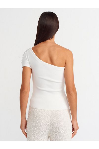 Dilvin 10597 Ecru Asymmetrical Draped Knitwear Blouse