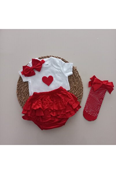 MARS BABY Baby Girl Red Heart Ruffle Shorts Skirt Bodysuit Red Fishnet Set