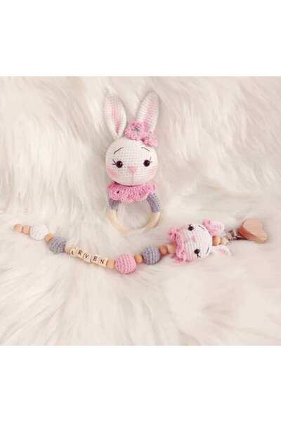 Toyscity Çiçekli Tavşan Emzik Çıngırak Seti Organik Örgü Oyuncak Amigurumi Or...