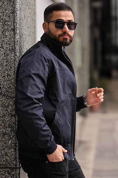LUGMO Men's Shirt Collar Spring Coat Lined Seasonal Jacket Navy Blue