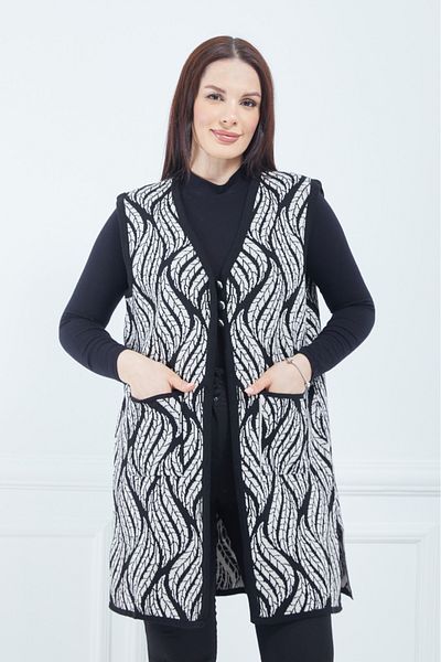 Elçelya Moda Vestă pentru mamă, tricotaje lungi de iarnă, cu buzunare, cu model de frunze crem