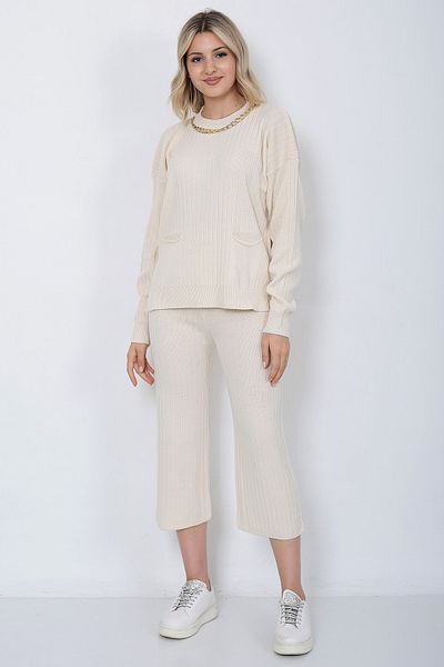 LUGMO Women's Knitwear Chain Pocket Sweater Trousers Set Oversize Stone