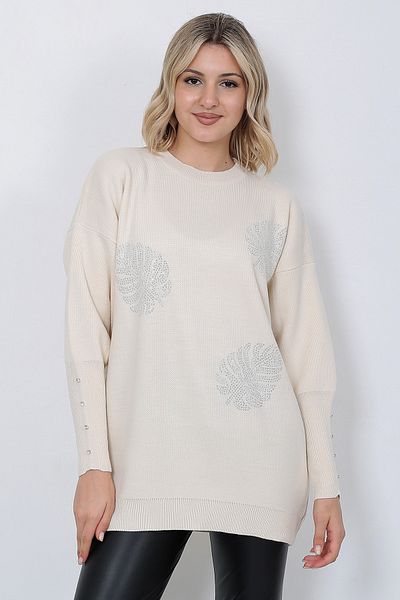 LUGMO Women's Knitwear Sweater Crew Neck Leaf Patterned Sleeve Rhinestoned Oversize Stone Color