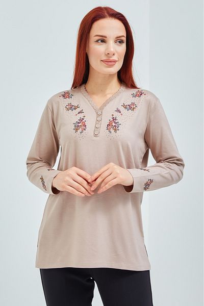 Elçelya Moda Γυναικεία Κρέμα V-λαιμόκοψη με κουμπιά Floral Lycra Mother χτενισμένη βαμβακερή μπλούζα
