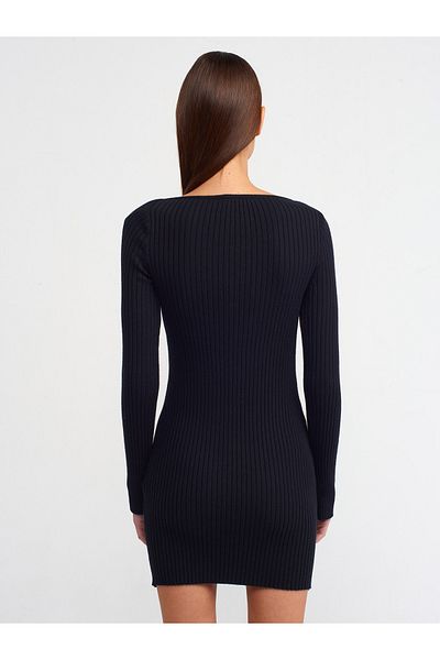 Dilvin 90182 Rochie din tricotaj cu mâneci cu șnur cu fantă cu motive florale-neagră
