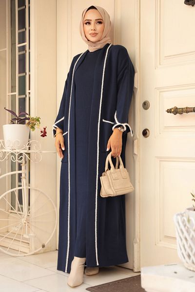 Neva Style بدلة مزدوجة مع فستان محبوك باللون الأزرق الداكن - 50113L
