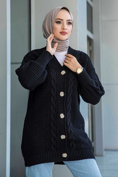 LUGMO Γυναικεία πλεκτά Hijab Ζακέτα με 5 κουμπιά μαλλιά πλεκτή ζακέτα μαύρη