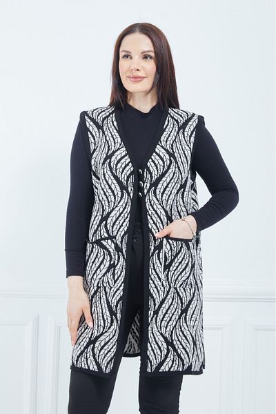 Elçelya Moda Vestă pentru mamă, tricotaje lungi de iarnă, cu buzunare, cu model de frunze crem