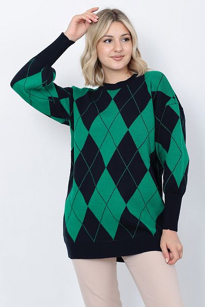 LUGMO Tricotaj de damă Pulover Decolteu Crew Model Diamond Oversize Negru-Verde