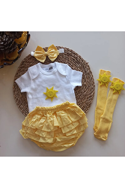 MARS BABY Kız Bebek Sarı Fırfırşort Etek Bandana Güneş Figürlü Çorap Set