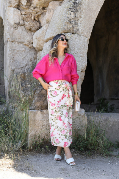 bytugcekaya Pembe Çiçek Desen Düğüm Detaylı Midi Etek