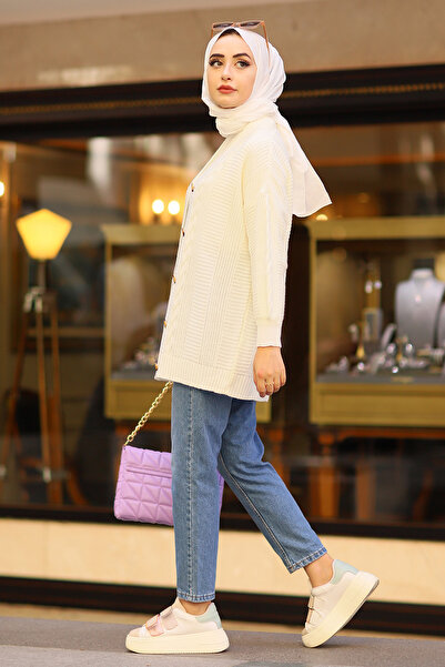 LUGMO Oversize Women's Hijab Knitwear Cardigan Ecru