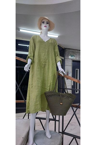 Bohem Stil Λινό Φόρεμα με μακρυμάνικο V λαιμόκοψη - Ιταλικό σχέδιο